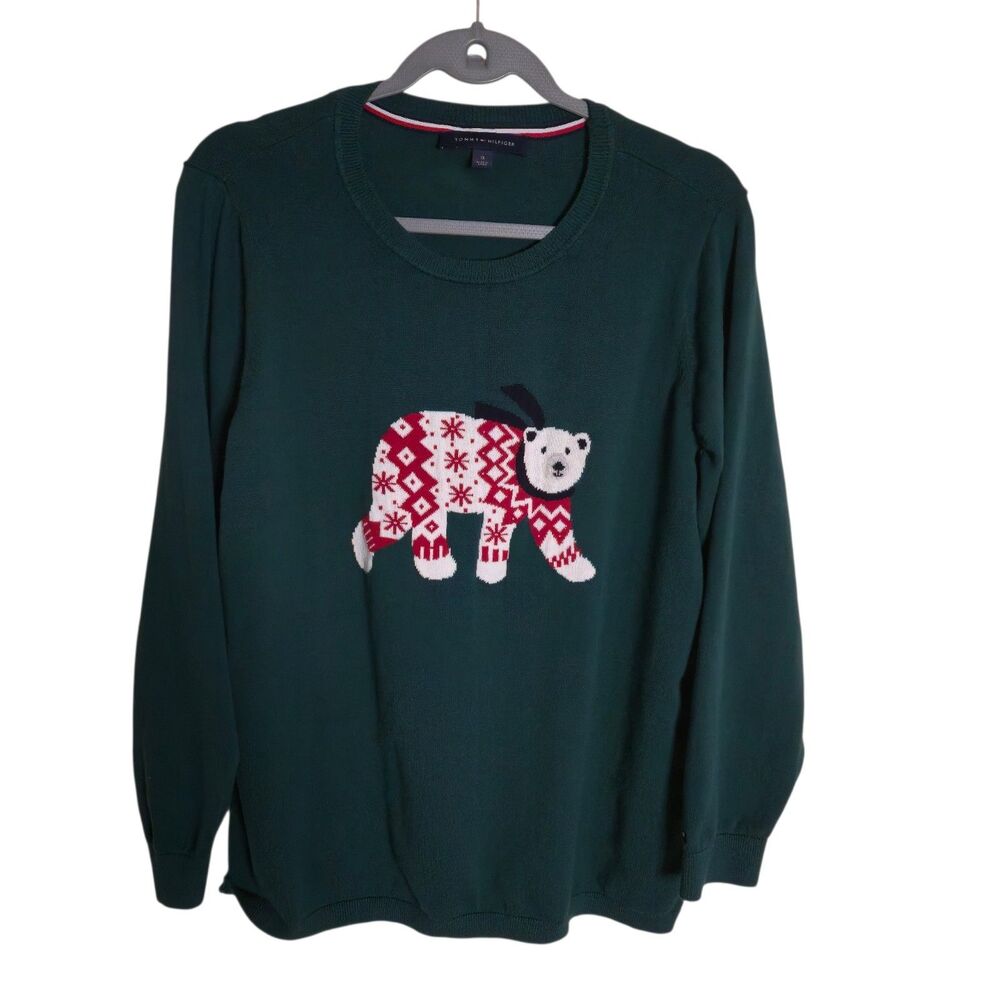 Tommy Hilfiger Sweater Womens Size 1X Green Polar Bear Christmas Pullover Cotton
